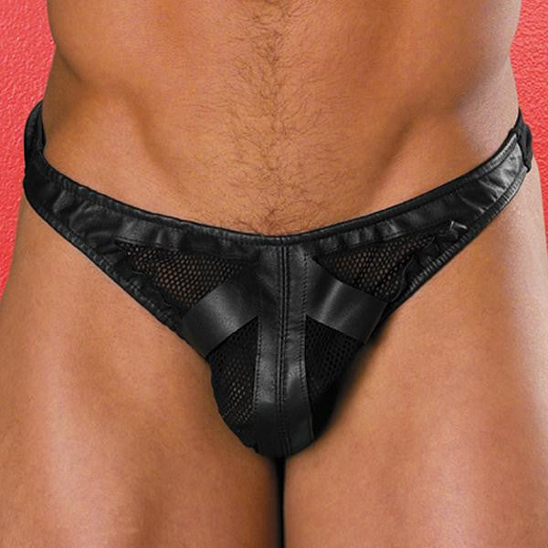 Lycra:12%spandex 88%polyester 100% Genuine Leather Mesh:92% Polyamide 8% Spandex Men's Thong O-s Black