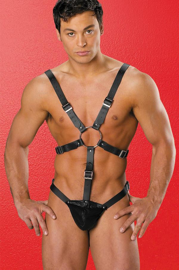 100% Genuine Leather Men's Harness O-s Black